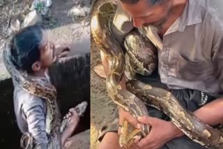 PYTHON STUNT IN ADOOR  DRUNK MANS PYTHON STUNT IN ADOOR  WILDLIFE PROTECTION ACT  പാമ്പിനെ പിടികൂടി കഴുത്തിലിട്ടു