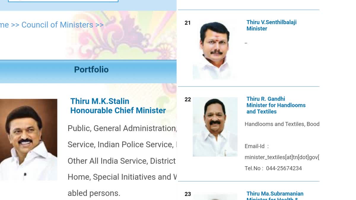 senthil balaji as a minister without a portfolio government announced in website