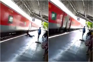 video of youth falling from train viral  youth falling from train in shahjahanpur  video of youth viral on social media  youth fall from train in shahjahanpur  train accident  ട്രെയിനിൽ നിന്ന് തെറിച്ചുവീണു  പ്ലാറ്റ്‌ഫോമിലേയ്‌ക്ക് വീണു  ഷാജഹാൻപൂർ റെയിൽവേ  ട്രെയിൻ  വൈറൽ വീഡിയോ