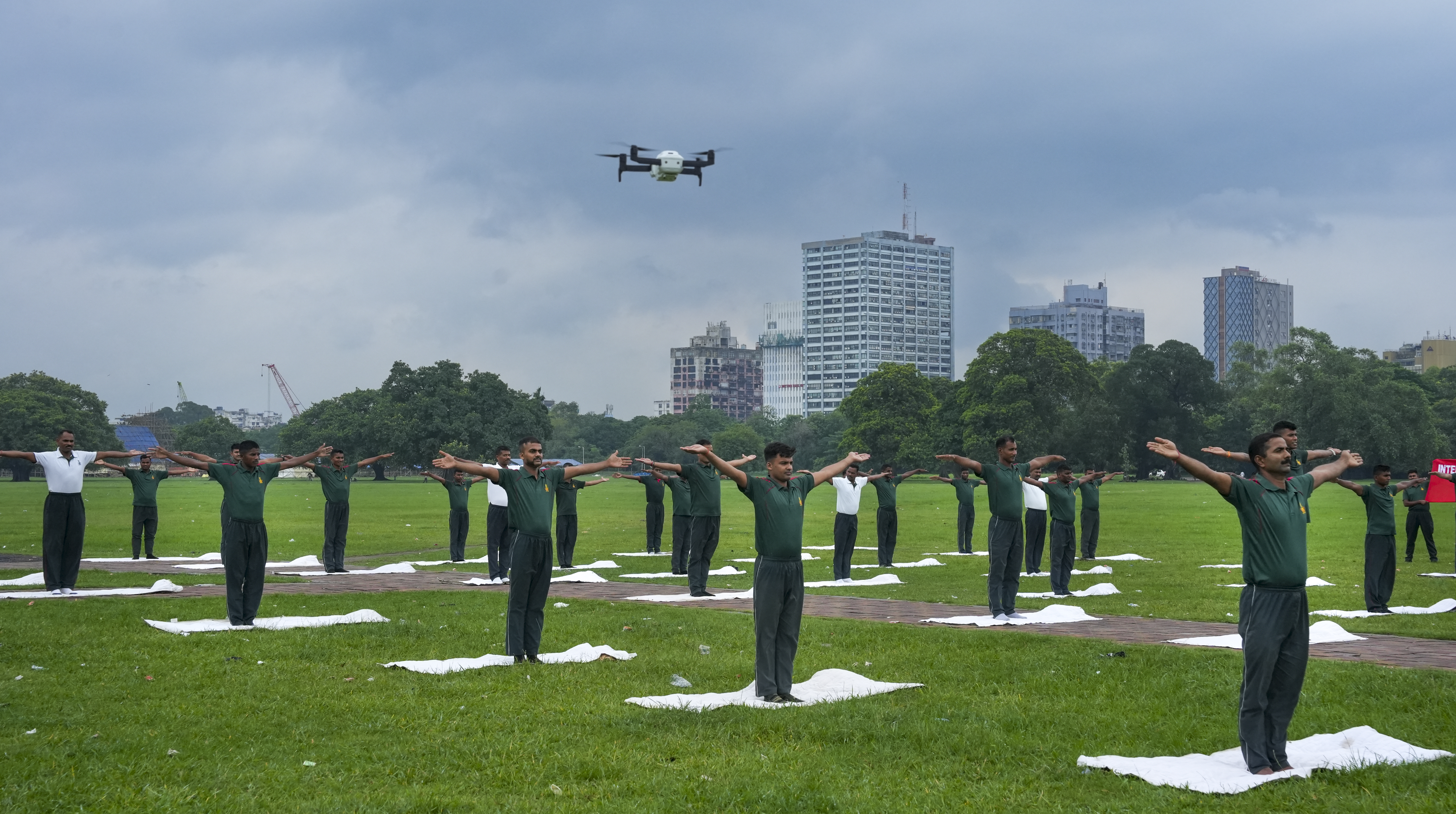 Indian Army jawans take part in a yoga session ahead of International Yoga Day, at the Kolkata Maidan in Kolkata, West Bengal, Wednesday, June 18, 2025.
