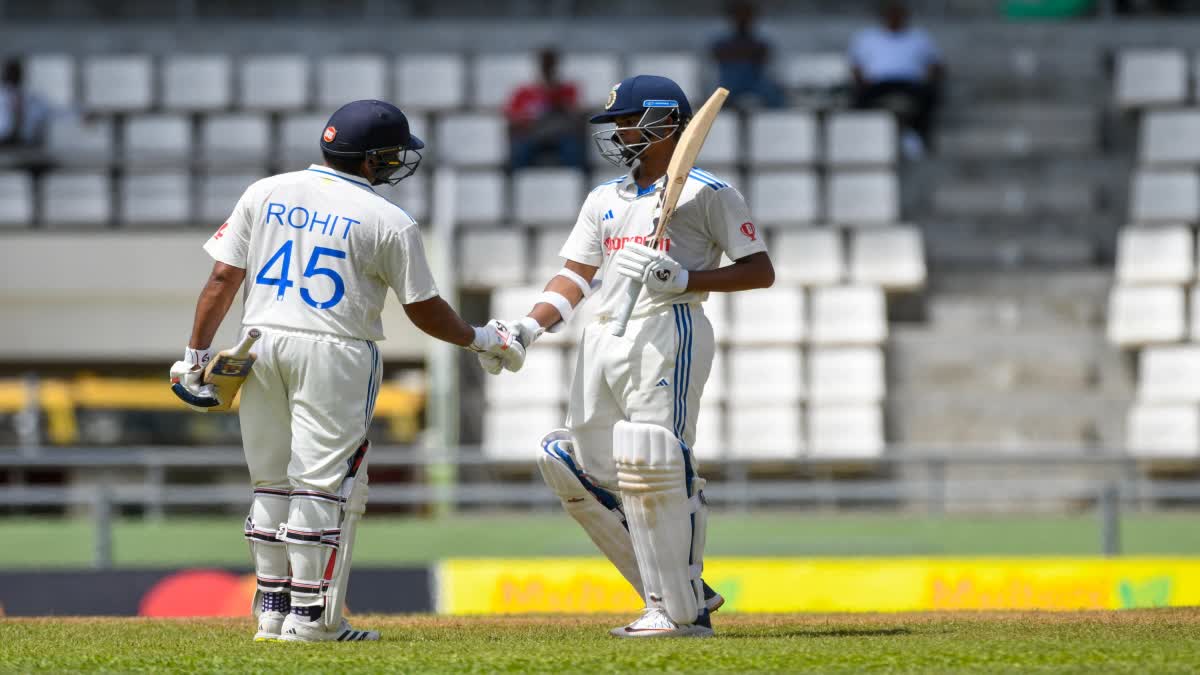 IND VS WI  INDIA VS WEST INDIES  IND VS WI SECOND TEST SCORE UPDATE  INDIA VS WEST INDIES SECOND TEST  ഇന്ത്യ vs വെസ്റ്റ് ഇൻഡീസ്  ഇന്ത്യ  വെസ്റ്റ് ഇൻഡീസ്  യശ്വസി ജയ്‌സ്വാൾ  രോഹിത് ശർമ  Rohit Sharma  Yashasvi Jaiswal