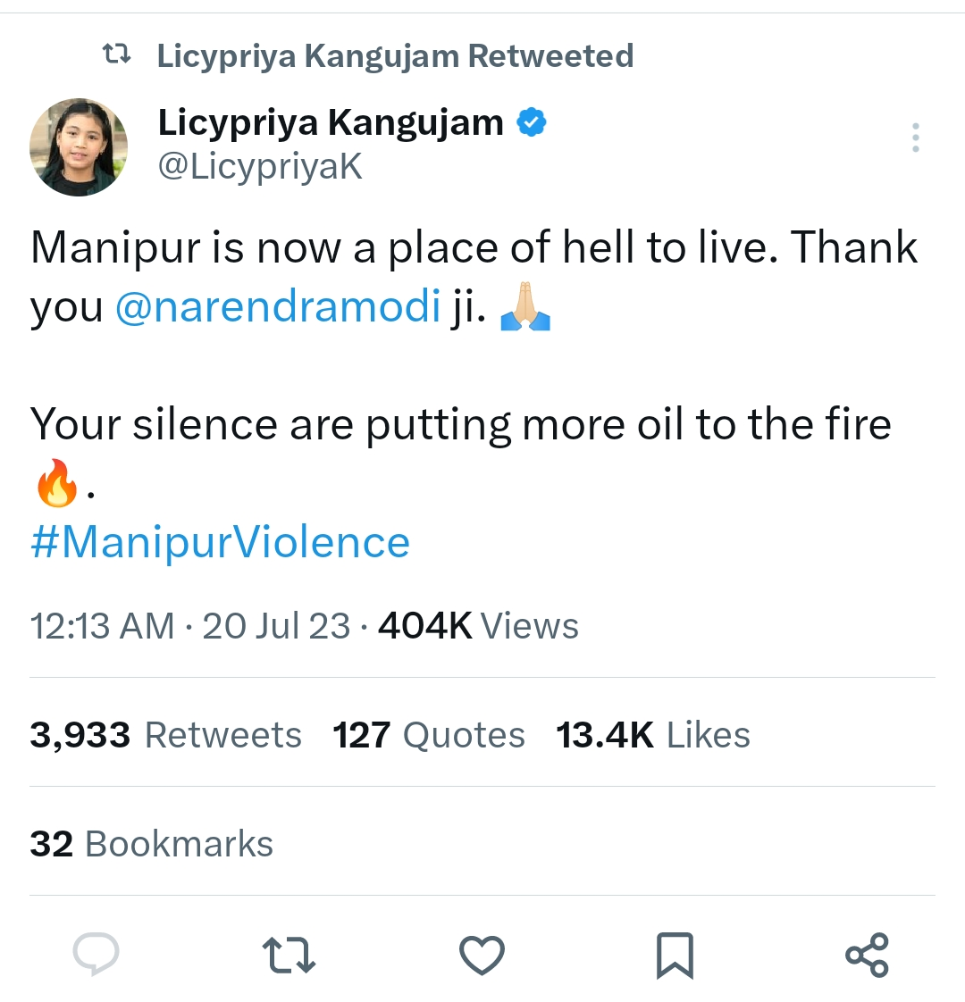 Manipur violence  When will you resign Modiji  മണിപ്പൂരി കൗമാരക്കാരിയുടെ ട്വീറ്റ്  എപ്പോൾ രാജിവെക്കും മോദിജി  Manipuri teenagers tweet shook the nation  Manipuri teenagers tweet  world famous Manipuri teenager Licypriya Kangujam  Licypriya Kangujam  Indian child environmental activist Licypriya  Manipuri teenager Licypriyas tweet  criticising Prime Minister Modi  മണിപ്പൂർ  മണിപ്പൂർ കലാപം  മണിപ്പൂർ സംഘർഷം  ലിസിപ്രിയ കംഗുജം