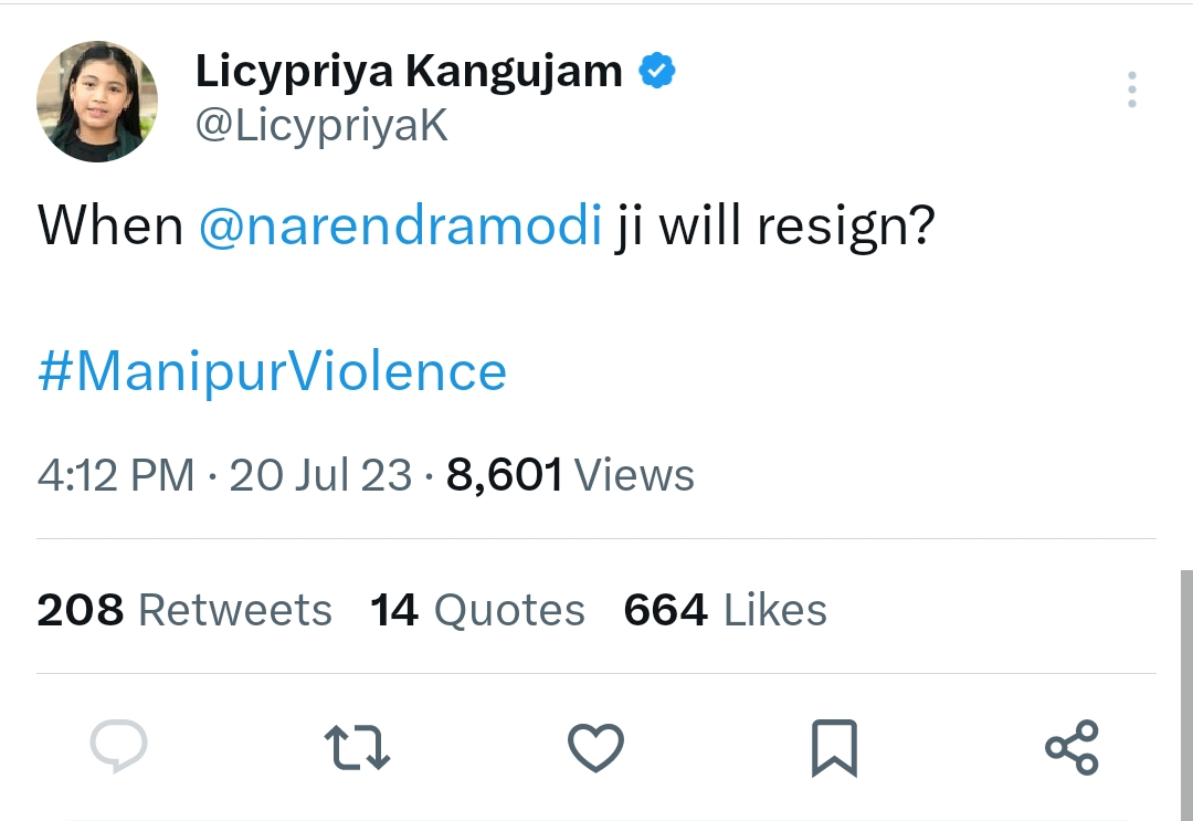 Manipur violence  When will you resign Modiji  മണിപ്പൂരി കൗമാരക്കാരിയുടെ ട്വീറ്റ്  എപ്പോൾ രാജിവെക്കും മോദിജി  Manipuri teenagers tweet shook the nation  Manipuri teenagers tweet  world famous Manipuri teenager Licypriya Kangujam  Licypriya Kangujam  Indian child environmental activist Licypriya  Manipuri teenager Licypriyas tweet  criticising Prime Minister Modi  മണിപ്പൂർ  മണിപ്പൂർ കലാപം  മണിപ്പൂർ സംഘർഷം  ലിസിപ്രിയ കംഗുജം