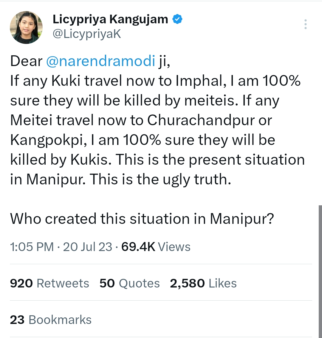 Manipur violence  When will you resign Modiji  മണിപ്പൂരി കൗമാരക്കാരിയുടെ ട്വീറ്റ്  എപ്പോൾ രാജിവെക്കും മോദിജി  Manipuri teenagers tweet shook the nation  Manipuri teenagers tweet  world famous Manipuri teenager Licypriya Kangujam  Licypriya Kangujam  Indian child environmental activist Licypriya  Manipuri teenager Licypriyas tweet  criticising Prime Minister Modi  മണിപ്പൂർ  മണിപ്പൂർ കലാപം  മണിപ്പൂർ സംഘർഷം  ലിസിപ്രിയ കംഗുജം