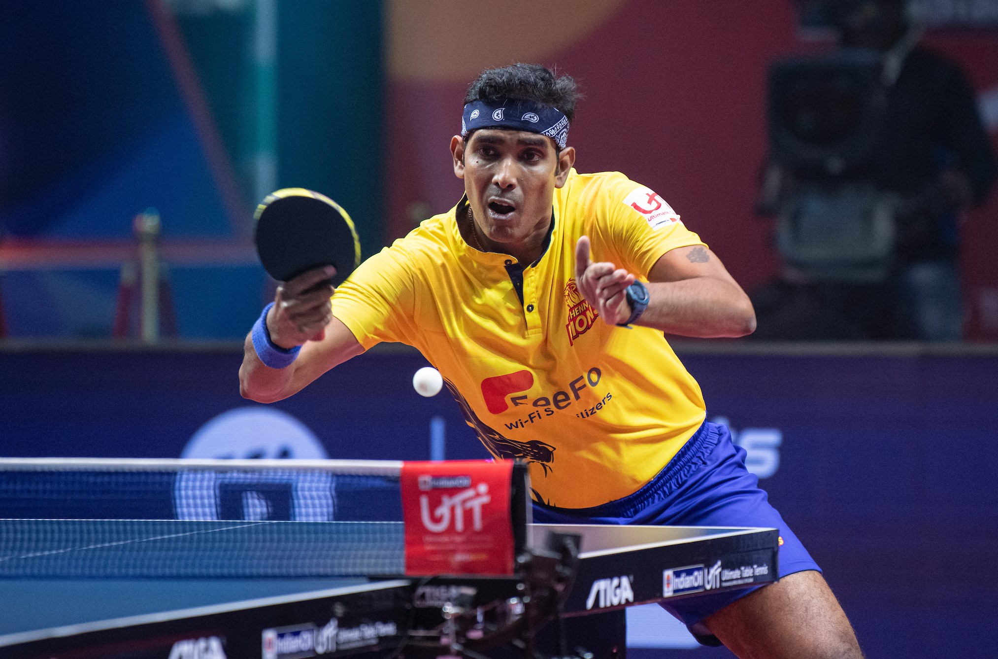 Achanta Sharath Kamal of Chennai Lions during the Ultimate Table Tennis tie against Bengaluru Smashers in Pune on Thursday.