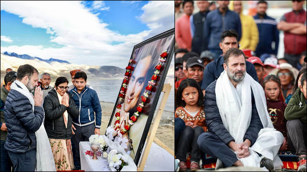 Rahul Gandhi  Rahul Gandhi visited Ladakh  former Prime Minister Rajiv Gandhi  Rajiv Gandhi tribute at ladakh  Chinese occupation of Indian land  Rajiv Gandhi  രാഹുൽ ഗാന്ധി  ചൈനീസ് സൈന്യം  ഇന്ത്യയിലേയ്‌ക്ക് ചൈന കടന്നുകയറുന്നു  രാജീവ് ഗാന്ധിയുടെ 79ാം ജന്മദിനം  രാജീവ് ഗാന്ധി  പാംഗോങ് സോ തടാകം  ചൈന  പാംഗോങ് ത്സോ