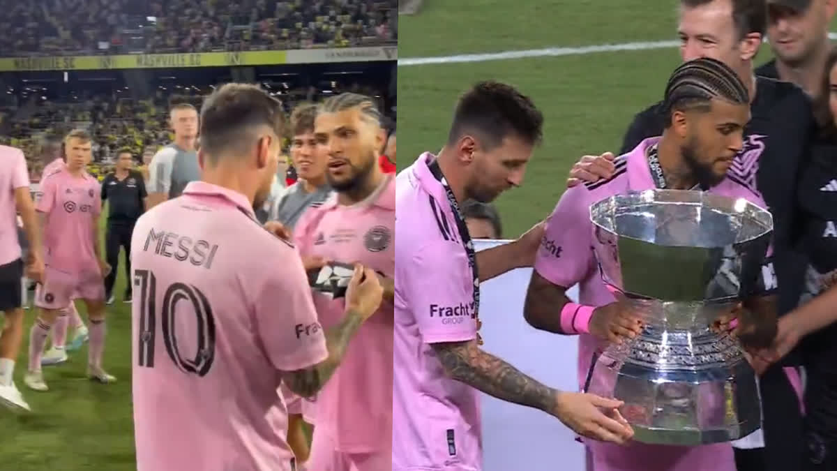 Lionel Messi gives Inter Miami's former skipper DeAndre Yedlin the  captain's armband before lifting Leagues Cup trophy together