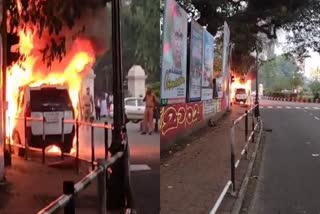 Police Vehicle Catches Fire  Police Vehicle Catches Fire in Vellayambalam  പൊലീസ് വാഹനത്തിന് തീപിടിച്ചു  സംസ്ഥാന സ്‌പെഷല്‍ ബ്രാഞ്ച് ആസ്ഥാനം  അഗ്‌നി ശമന സേനാംഗങ്ങള്‍  Police Vehicle