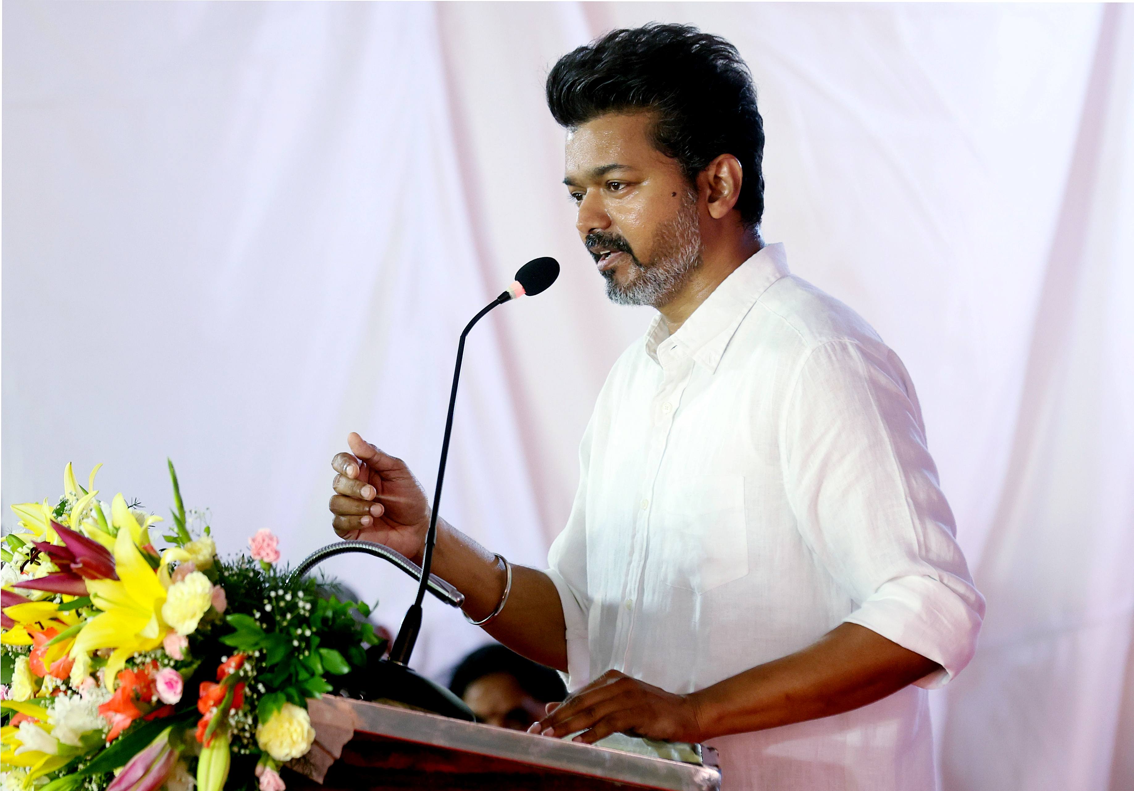 File photo of actor Vijay addressing a gathering