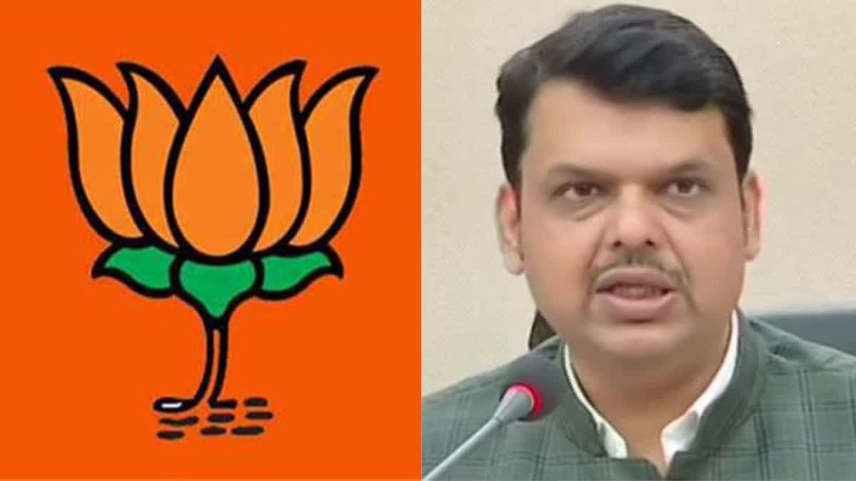 Collage of BJP Flag and Maharashtra Deputy CM Fadnavis.