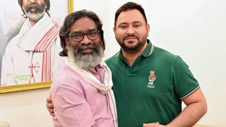 (Left) Jharkhand CM Hemant Soren with RJD leader Tejashwi Yadav at the former's residence in Ranchi on Friday.