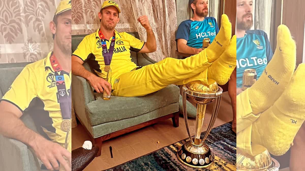 Mitchell Marsh seen resting his feet on the ICC World Cup trophy which his side lifted defeating India at the Narendra Modi Stadium, in Ahmedabad, on Sunday, Nov. 19, 2023. Pat Cummins posted the image in his Instagram Story much to the negative criticism from Indian sports fans.