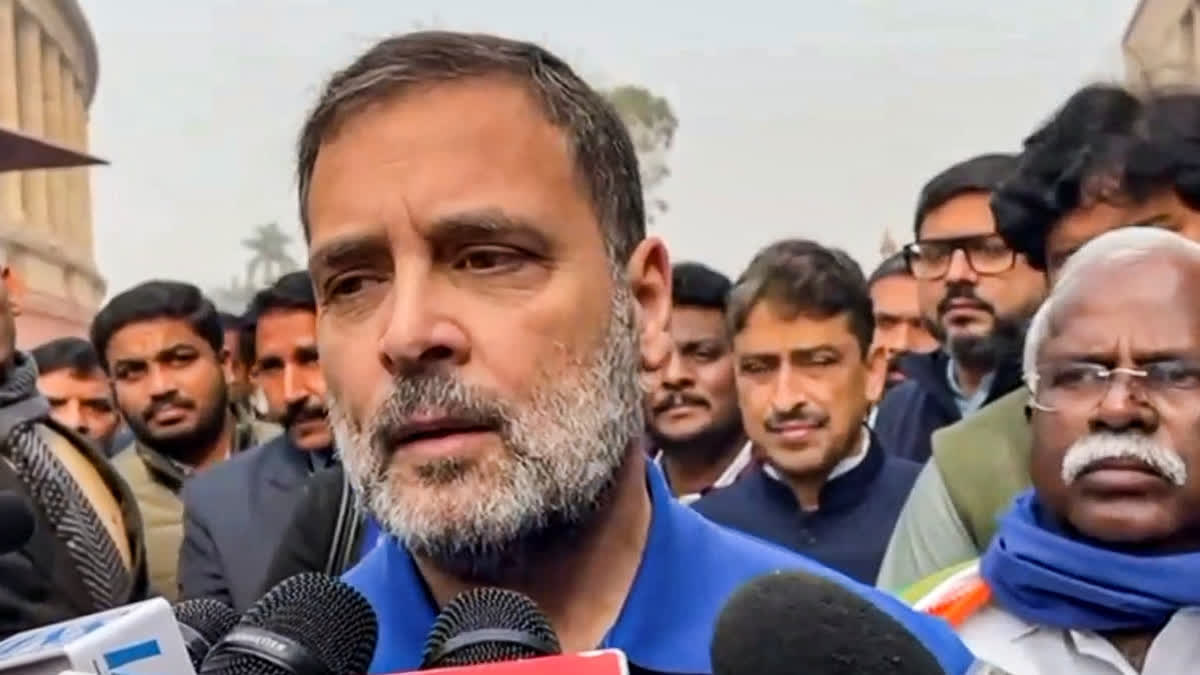 Leader of Opposition in the Lok Sabha Rahul Gandhi talks to the media after meeting BJP MP Pratap Chandra Sarangi who got injured following clashes between India Bloc and NDA MPs, at Parliament complex, in New Delhi, Thursday, Dec. 19, 2024.