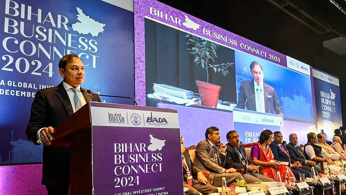 Pranav Adani, Director, Adani Enterprises Ltd speaks at the Bihar Business Connect 2024, in Patna, Friday, Dec. 2024.