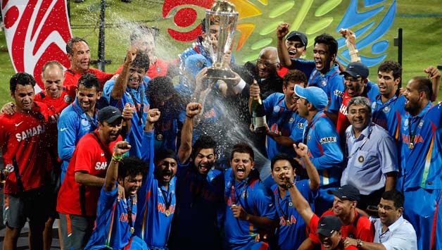 Indian team with the World Cup trophy at the Wankhede stadium.