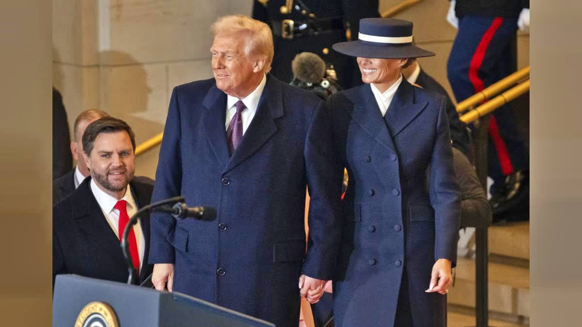 Melania Trump wore a navy hat by Eric Javits and a navy ensemble by Adam Lippes for the 2025 inauguration, continuing her fashion prominence.