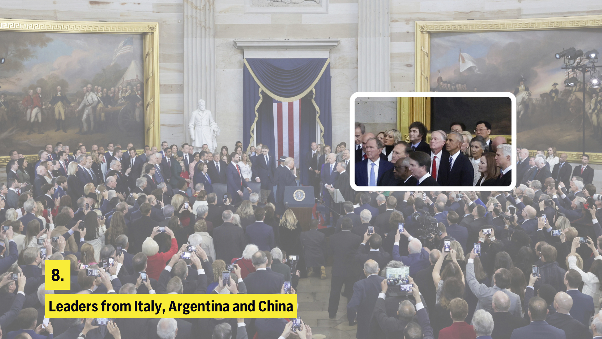 Trump's inauguration featured global leaders, tech moguls, family, and key supporters, reflecting strategic alliances, donor influence, and unconventional diplomacy.