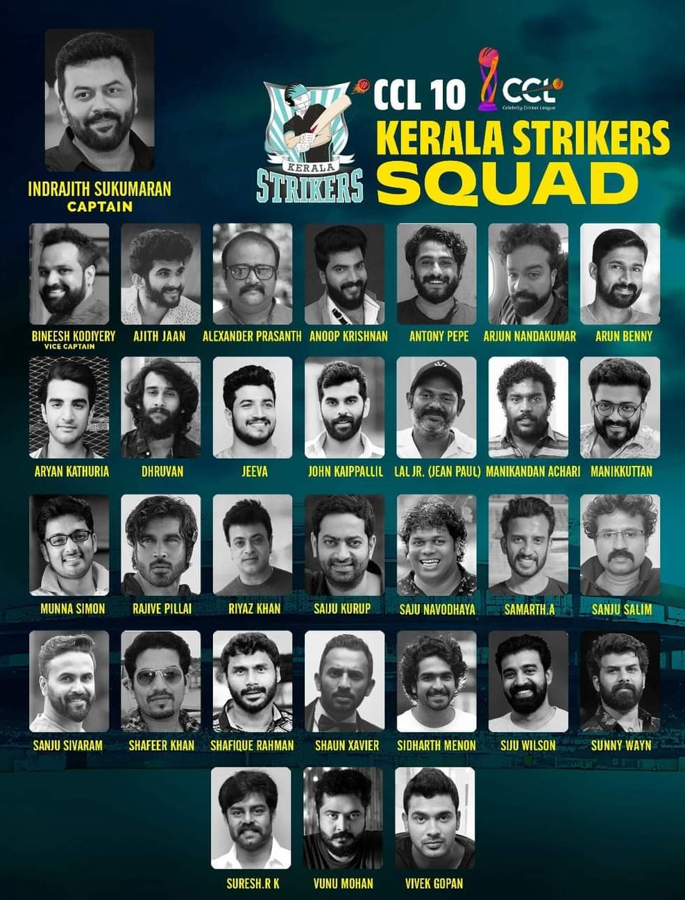 Kerala Strikers in CCL  Celebrity Cricket League 2024  Kerala Strikers squad  സെലിബ്രിറ്റി ക്രിക്കറ്റ് ലീഗ് 2024  കേരള സ്ട്രൈക്കേഴ്‌സ് ടീം