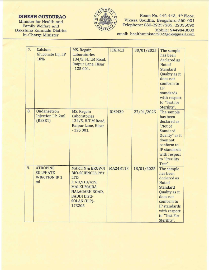 Gundurao asked Nadda to create a system for all states and central laboratories to share alerts with each other regarding drugs failing quality checks.