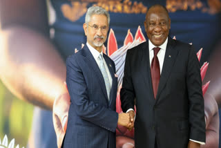 Union External Affairs Minister S Jaishankar during a meeting with South African President Cyril Ramaphosa, on the sidelines of the G20 Foreign Ministers Meeting, in Johannesburg, South Africa.