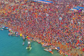 An aerial view of the devotees taking a dip at Triveni Sangam during the ongoing Maha Kumbh 2025, in Prayagraj