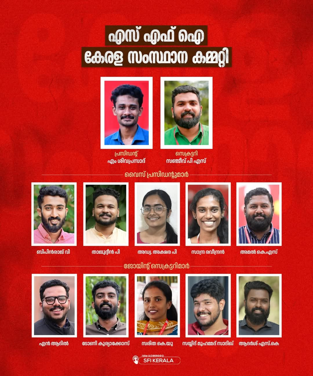 SFI NEW SECRETARY SANJEEV PS  SFI NEW PRESIDENT M SIVAPRASAD  SFI STATE CONFERENCE  പുതിയ എസ്‌എഫ്ഐ നേതൃത്വം