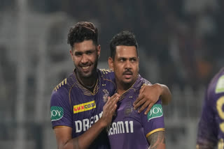 KKR pacer Harshit Rana congratulates Sunil Narine during their game against Royal Challengers Bengaluru on Sunday