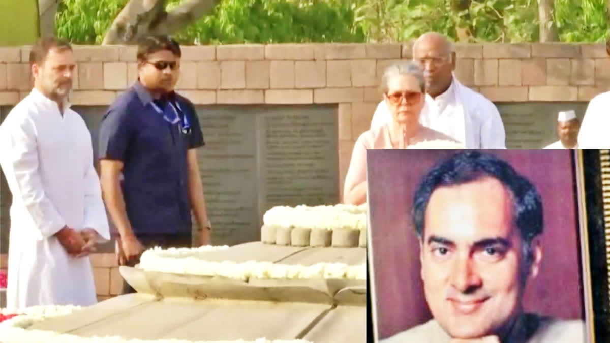 Congress president Mallikarjun Kharge, former president Sonia Gandhi, MP Rahul Gandhi, and other leaders of the party paid tributes to former prime minister Rajiv Gandhi on his 33rd death anniversary at Veer Bhumi in New Delhi on Tuesday (May 21).