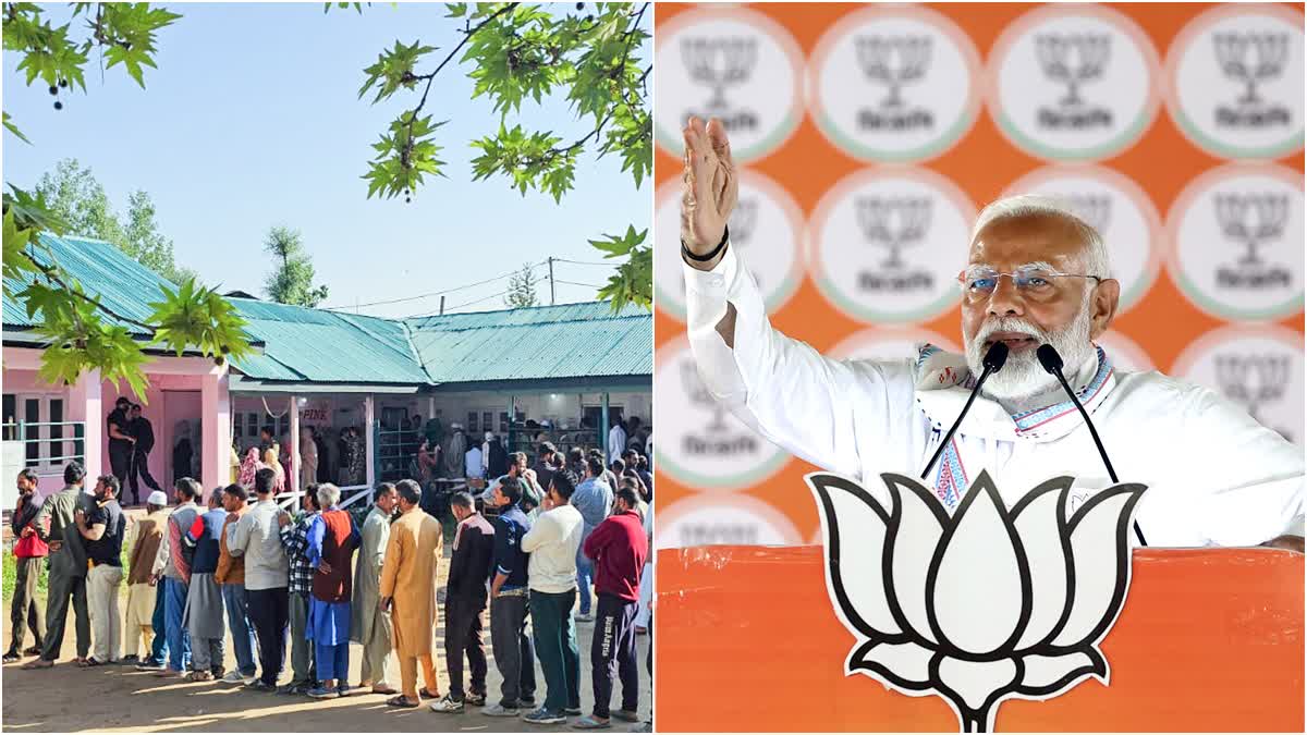 Voters queue up outside a polling station in Baramulla during the fifth phase of Lok Sabha election on Monday May 20, 2024 (L) and PM Modi during an election rally