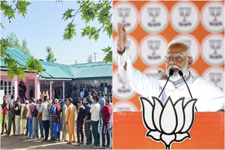 Voters queue up outside a polling station in Baramulla during the fifth phase of Lok Sabha election on Monday May 20, 2024 (L) and PM Modi during an election rally