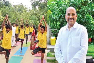 Children doing yoga at Balagokulam (L) and its founder Gampa Venkatesh