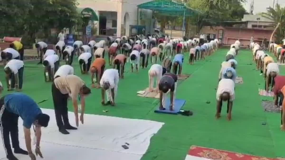 भीलवाड़ा में विश्व योग दिवस पर योगाभ्यास करते लोग