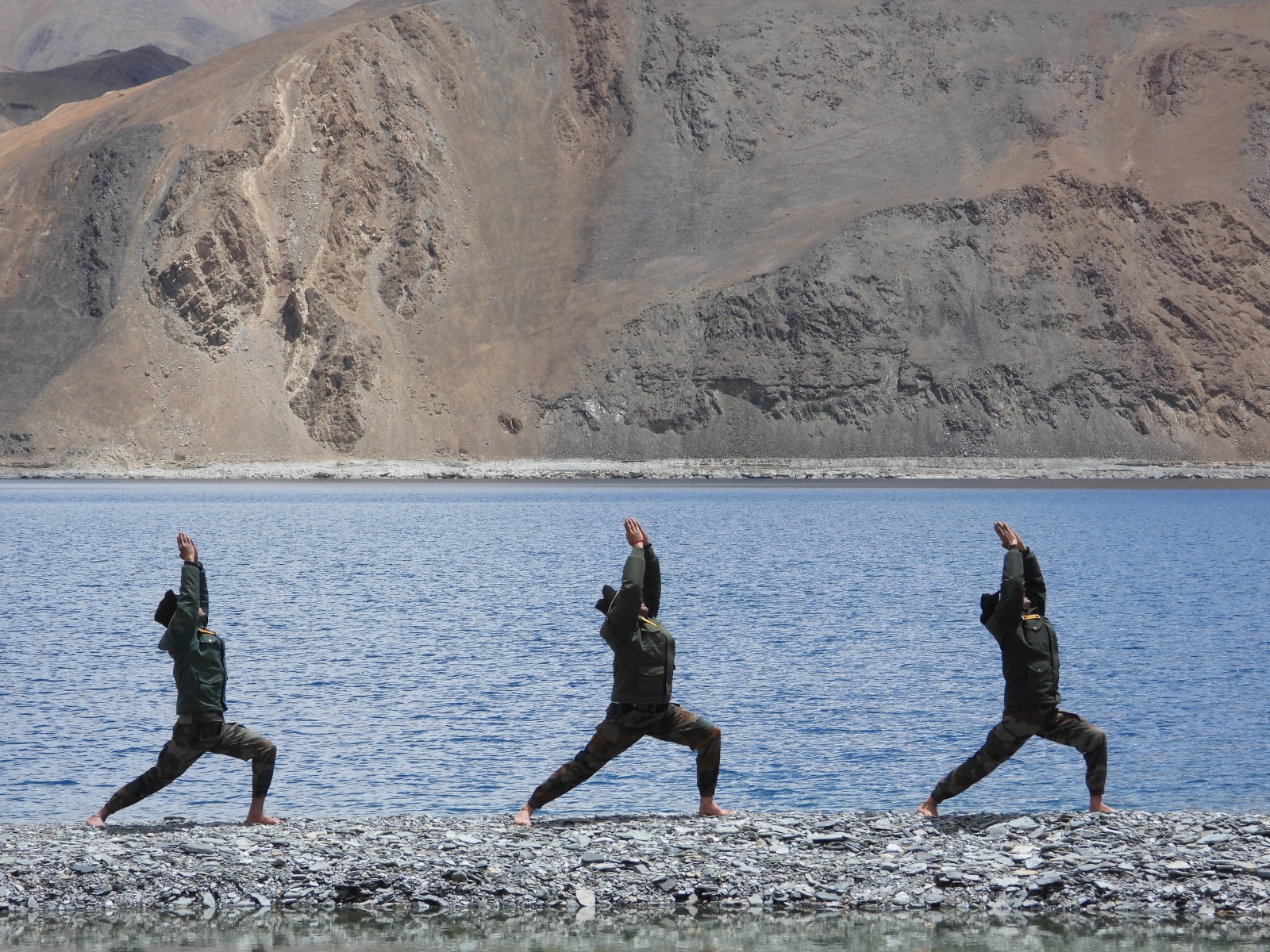 Indian Army personnel perform Yoga at Ladakh's Pangong Tso Lake