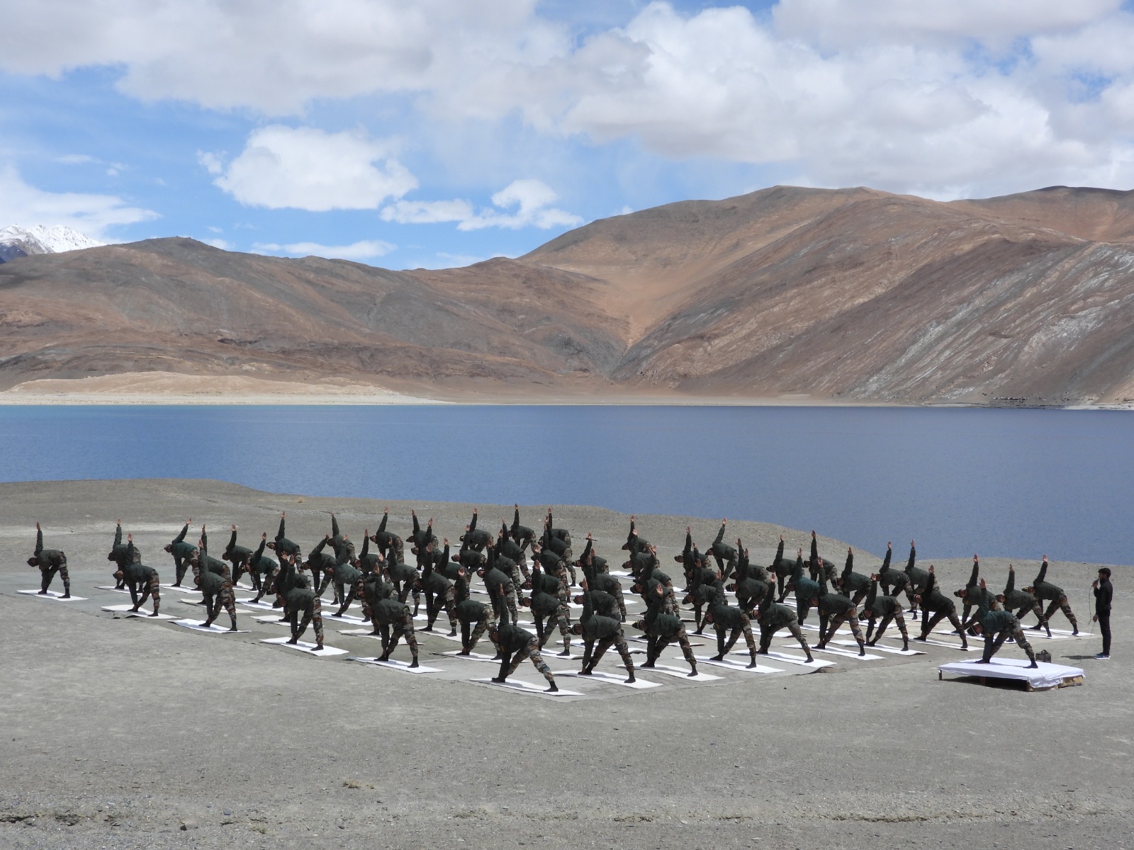 Indian Army personnel perform Yoga at Ladakh's Pangong Tso Lake