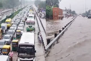 heavy traffic jam on delhi jaipur expressway due to waterlogging after heavy rain in gurugram