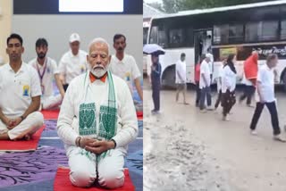 PM Modi leads International Yoga Day 2024 celebration in Srinagar (L) and screengrab of video showing employees walking barefoot amid rains to participate in the event