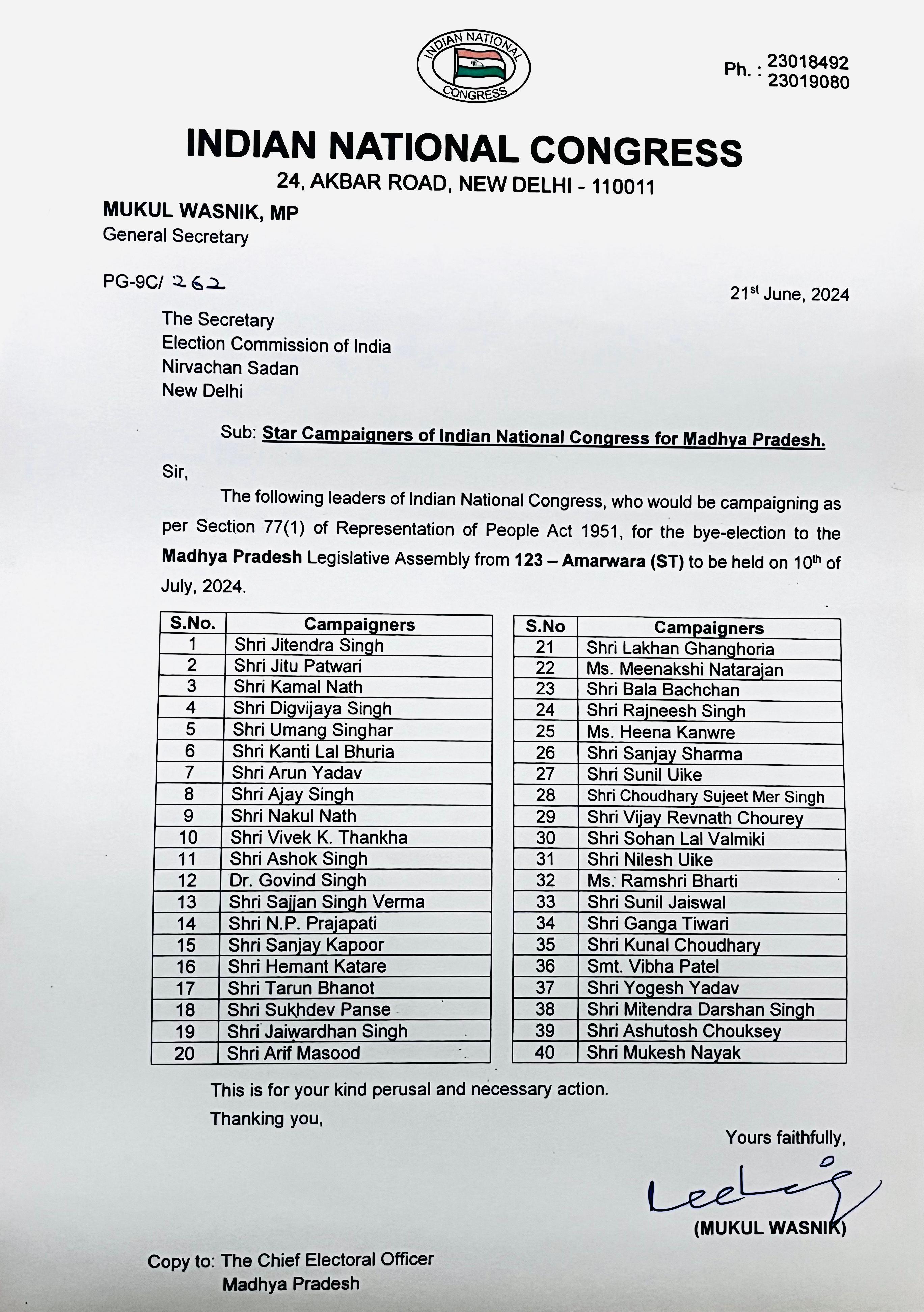 MP Congress Star Campaign List