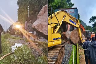 ROCK FALLS ON RAILWAY TRACKS  DAKSHINA KANNADA  ರೈಲ್ವೆ ಹಳಿ ಮೇಲೆ ಬಂಡೆ  ರೈಲು ಸಂಚಾರ ವ್ಯತ್ಯಯ