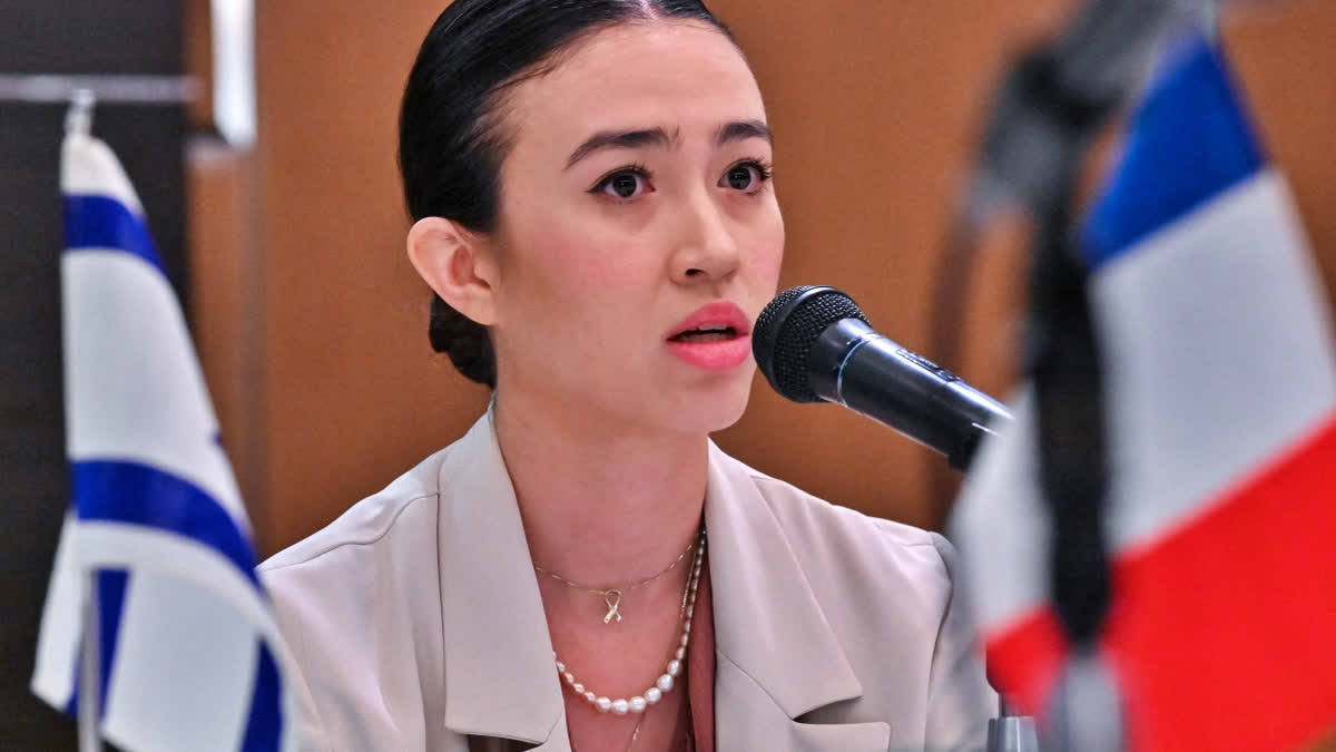 Israeli Noa Argamani, who was abducted with others from the Nova music festival during Hamas's October 7 attack on southern Israel that triggered the war, speaks during a meeting with G7 embassy representatives during a visit to Tokyo on August 21, 2024. Argamani was rescued along with three others in early June after special forces fought gun battles with Palestinian militants in central Gaza's crowded Nuseirat refugee camp area.