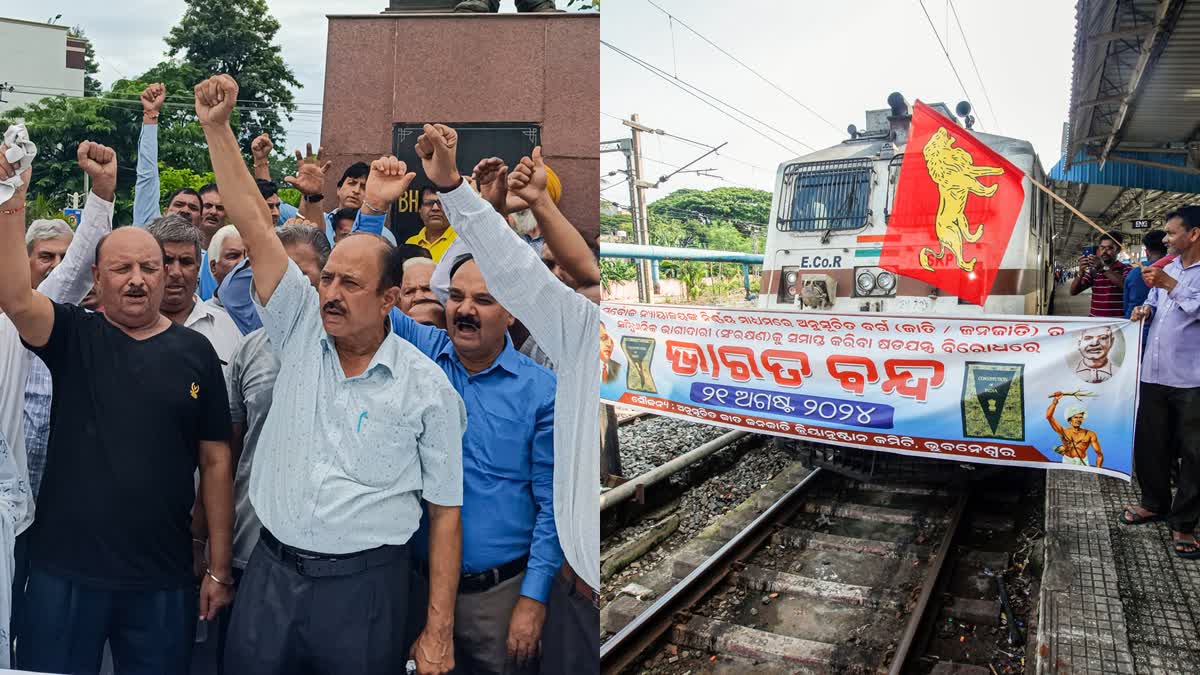 Members of SC, ST and OBC organisations stage a protest in support of the Bharat Bandh following the recent Supreme Court ruling on SC and ST reservations (L) and Bhim Army supporters block the railway track in support of the Bharat Bandh