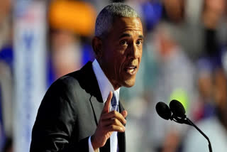 Former President Barack Obama speaks during the Democratic National Convention Tuesday, Aug. 20, 2024, in Chicago.