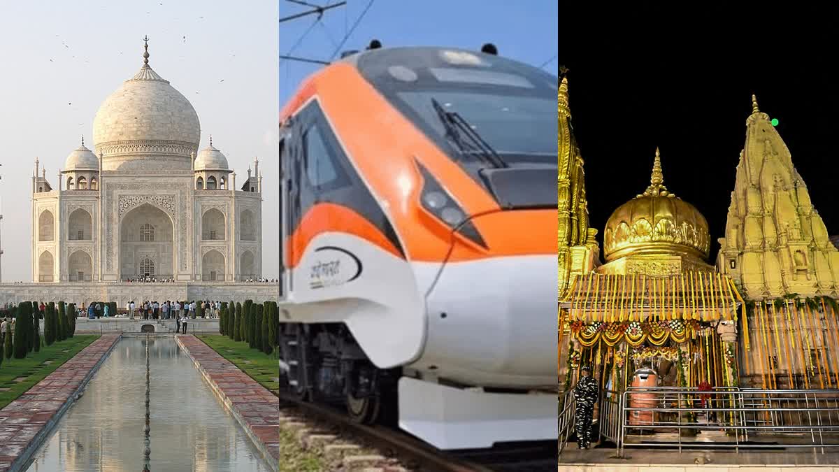 Left to right:  Taj Mahal in Agra, Vande Bharat train and Kashi Vishwanath temple, Varanasi