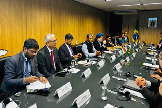 Union Minister Hardeep Singh Puri attends a meeting with Brazil's Minister of Mines and Energy Alexandre Silveria