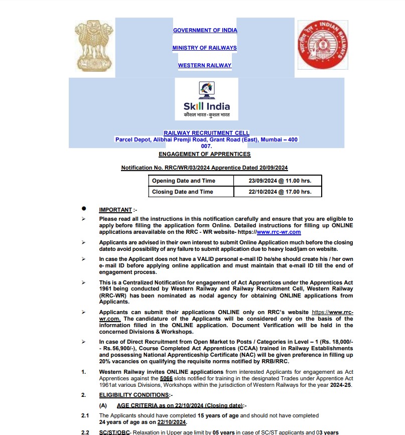 5066 apprentice recruitment by Western Railway