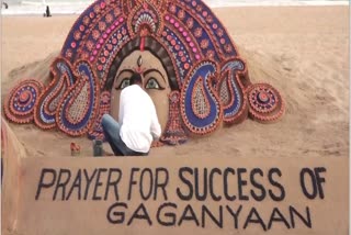Sand artist Sudarshan Patnaik creates a sculpture of Goddess Durga for success of Gaganyaan
