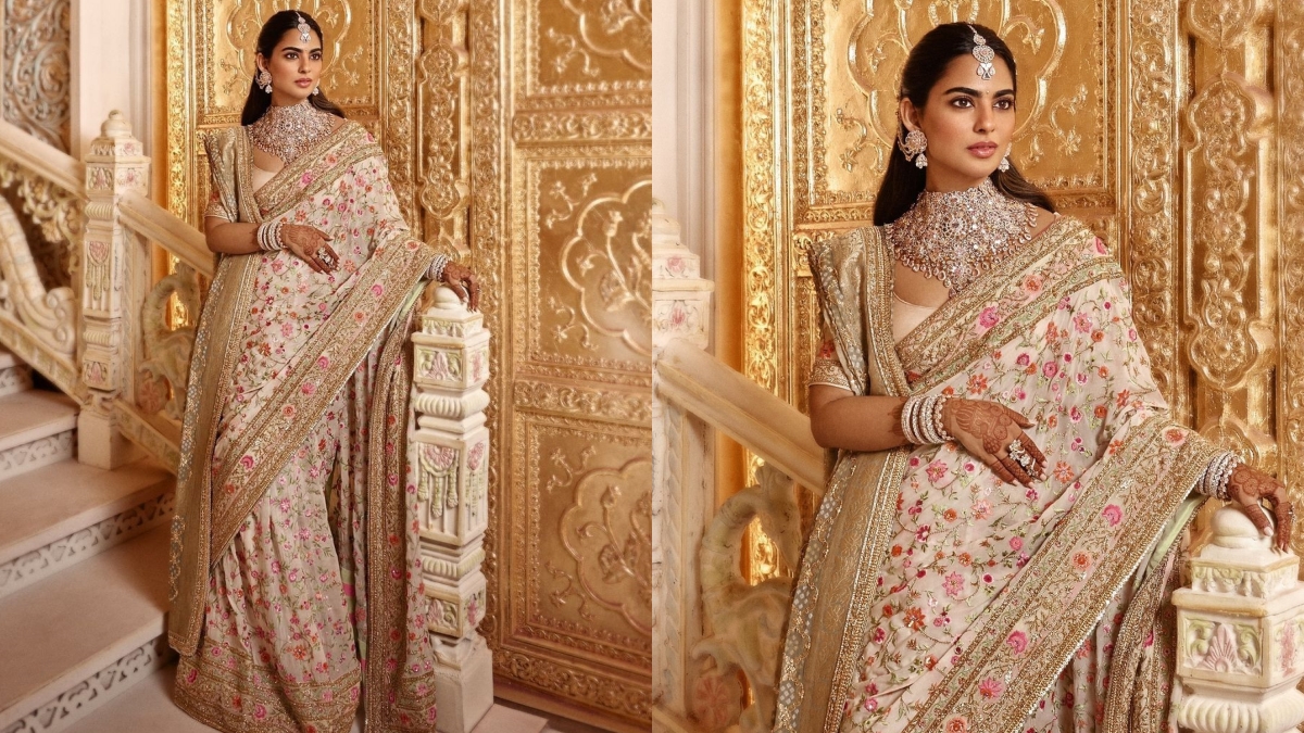 Isha Ambani radiates timeless grace in her outfit adorned with delicate silk resham embroidery