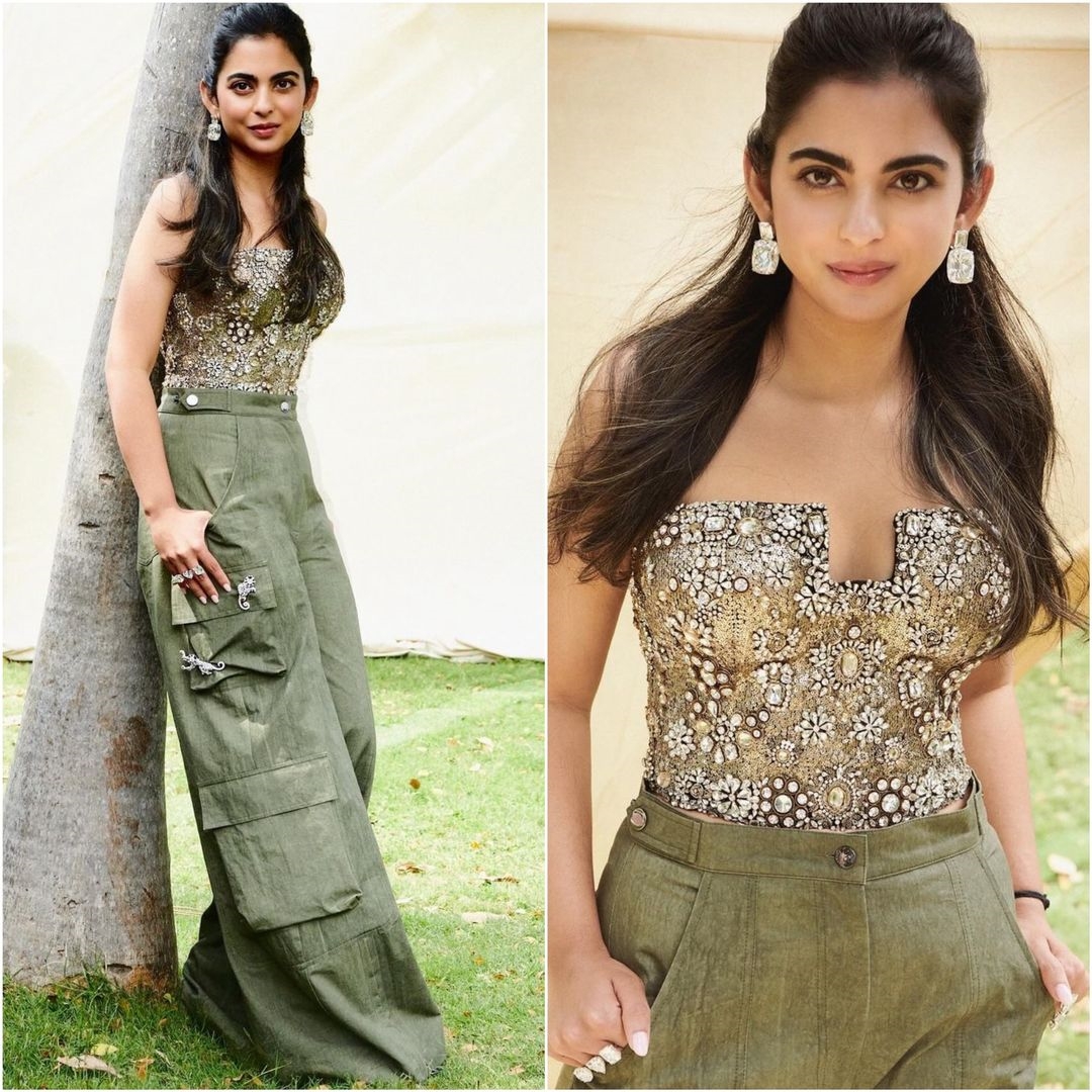 Isha Ambani's effortless style in her green pants paired with a sleeveless top featuring pearl embroidery