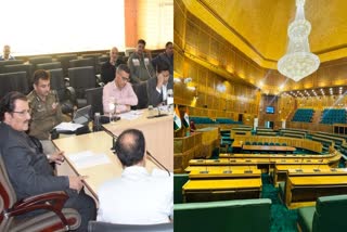 Pro-tem speaker Mubarak Gul take review of preparations for oath ceremony of the legislators (L) and  A view of Jammu and Kashmir Legislative Assembly prepared for oath taking of the legislators