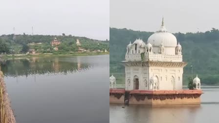 Dharmasagar pond (L) and temple in the middle of pond in Panna, Madhya Pradesh