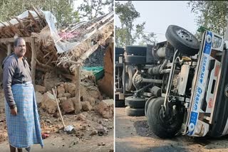 truck overturned on house